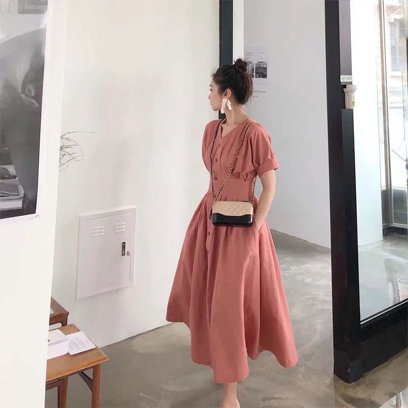 

Women Summer Dress Plus Size Vintage French Dresses Slim Banded Waist Button V-neck Retro Holiday Dress Vestidos De Fiesta