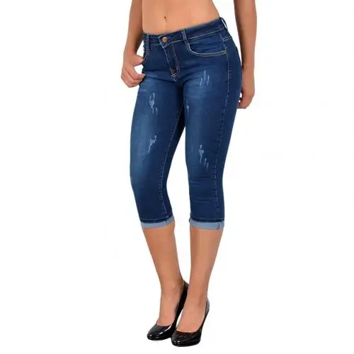 Модные летние женские обтягивающие джинсы размера плюс с высокой талией, до колена, рваные джинсовые Капри, обтягивающие уличные повседневные эластичные брюки - Цвет: Dark Blue