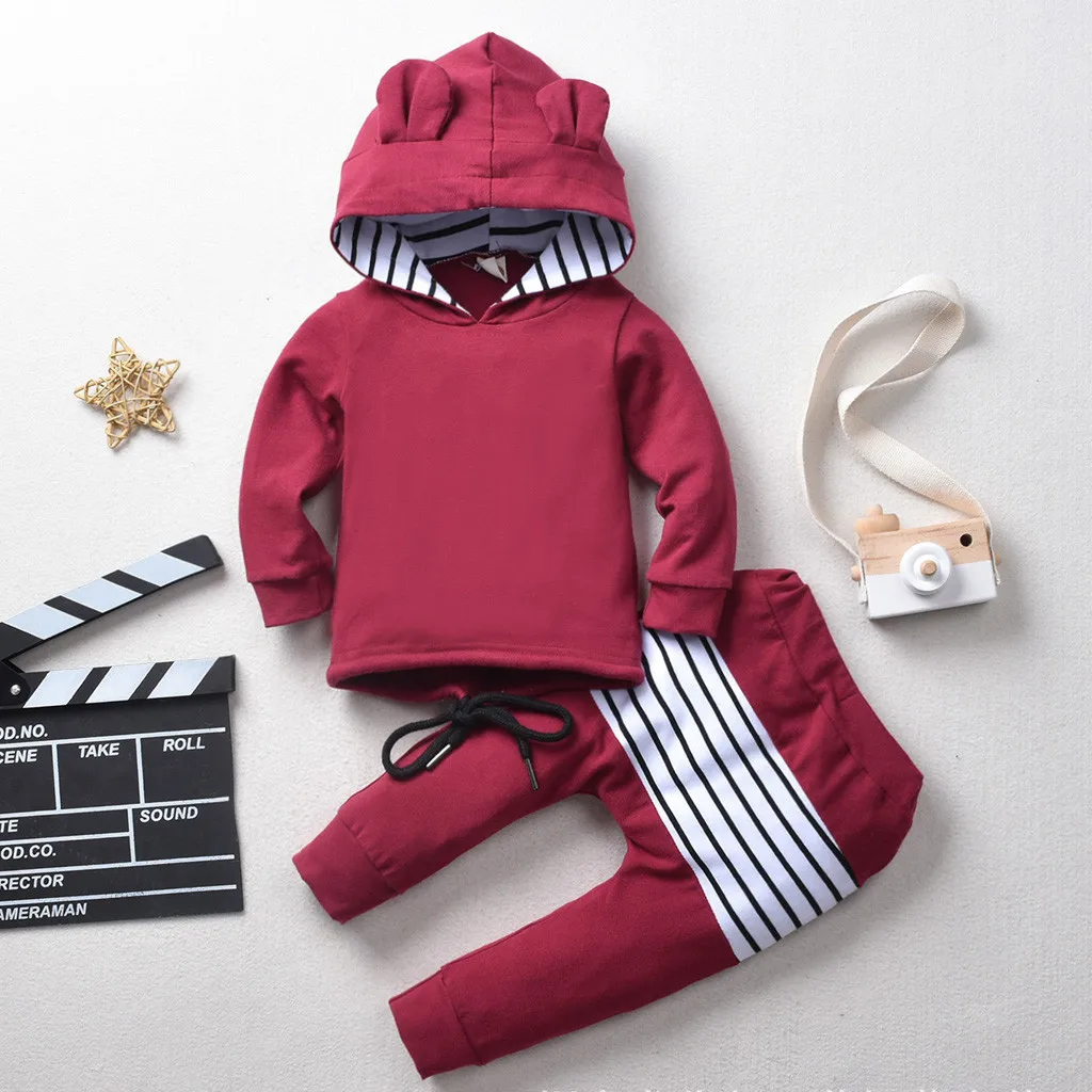 Осенне-зимний комплект одежды для малышей, толстовка с капюшоном для новорожденных мальчиков и девочек+ штаны, комплект для малышей, милые полосатые наряды с ушками, костюмы