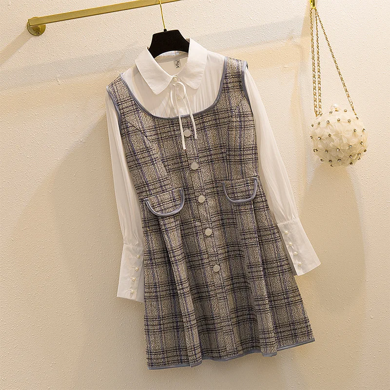 

Graceful Woolen Jumper Dress Women's Early Spring 2020 New Style Elegant Plaid Camisole Mock Two-Piece Full Body Dress Fashion