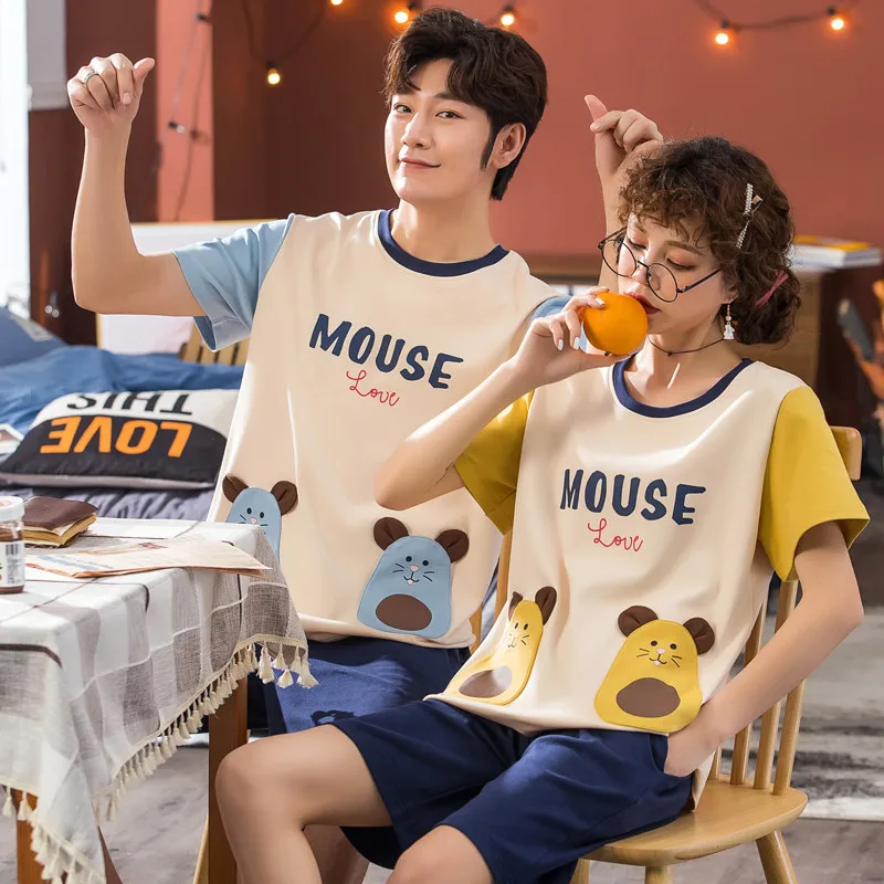 

Couple models cute cartoon printing O-neck comfortable pajamas women's pajamas short-sleeved pants summer home M-XXXXXL