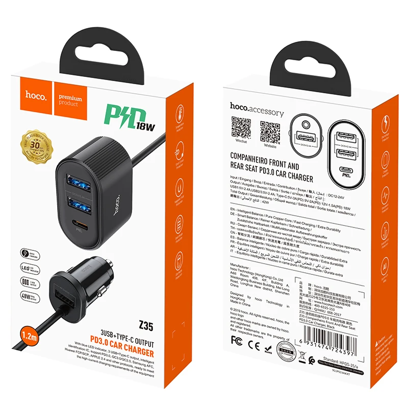 Hoco Мульти usb быстрое автомобильное зарядное устройство smart IC 3usb type-C PD QC 3,0 5V 5.4A автомобильное USB зарядное устройство адаптер Автомобильное зарядное устройство для Xiaomi iphone 11