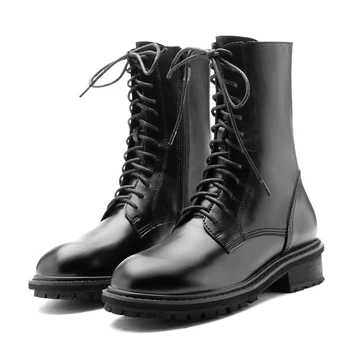 

Botines Mujer 2020 Round Toe Women Boots Black Color Botas Feminina Front Lace Up Rubber Sole Winter Autumn Women Shoes Zipper
