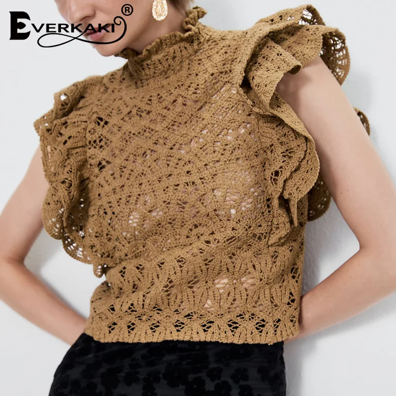 Everkaki/трикотажная женская блузка с оборками топы прорезями бохо однотонные