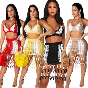 

2Pcs/set Beach Cover Dress Ladies Sexy 2020 New Fashion Handmade Knitted Tassel Splicing Spring Summer Beach Cover Dress Set