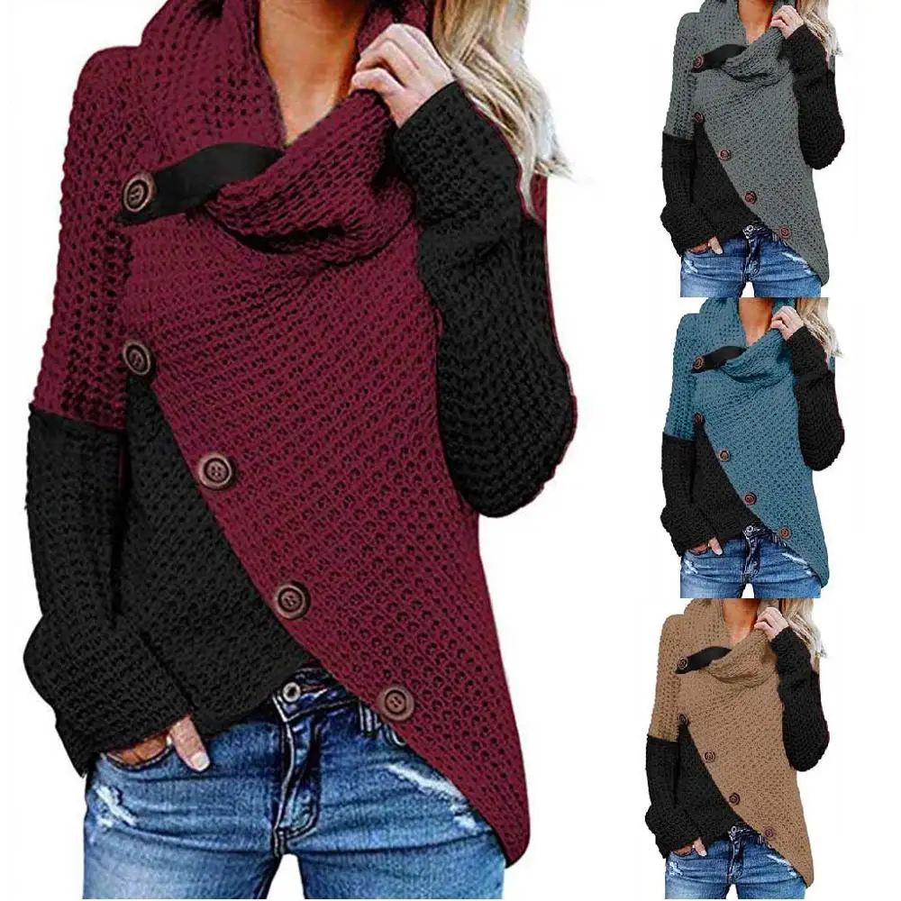 Women Winter Turtleneck Sweaters Long Sleeve Button Patchwork Pullovers Sweater Pull Femme Jumper | Женская одежда