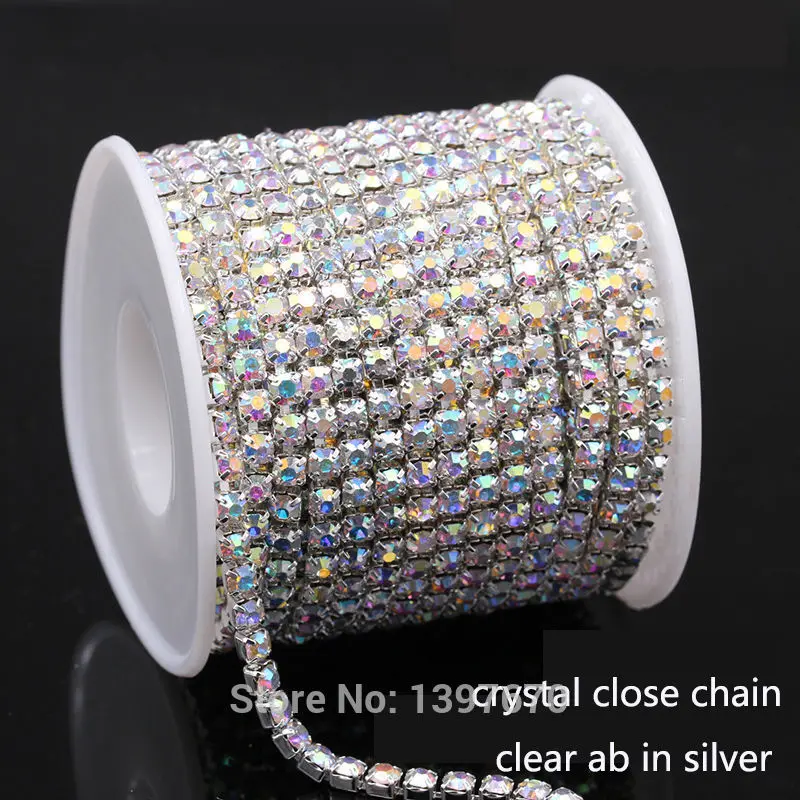 

10Yrads/lot ss6-ss18 dense Crystal ab in silver base close rhinestone chain Cup chain for clothing ornament accessories