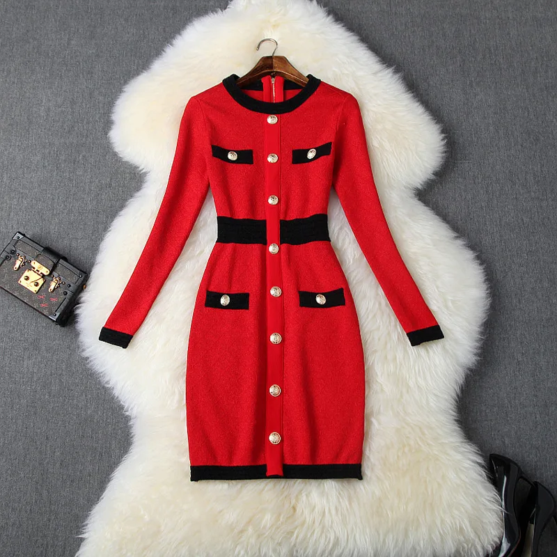 

New 2019 autumn winter women sexy pencil dress long sleeve button front color block red black gray knit sweater dresses