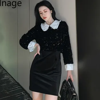 

Elnage Black Sequins Velvet Long Sleeve Dress Slim Fit Patchwork Spring Summer Women Clothes Korean Fashion Clothing New 5A353