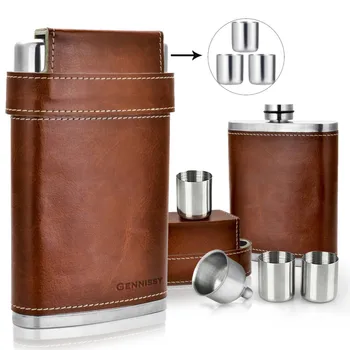 Leather Covered Hip Flask + 3 Stainless Caps