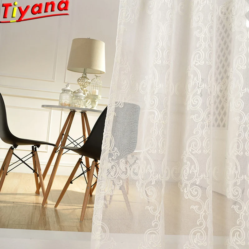 

European Geometry Embroidered Tulle for Living Room White Linen Tulle for Bedroom Window Drapes White Voile Sheer Nordic Embroidered Yarn Curtains WH063#30
