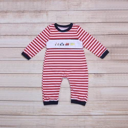 Barboteuse à manches longues pour garçon, vêtements d'été, bleu marine, rayures rouges, camion de pompiers et hélicoptère, broderie, pour tout petit 