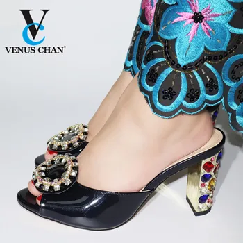

New Arrival Black Color Woman Shoes for Wedding High Quality Italian Design PU Leather with Metal Decoration African Party Shoes