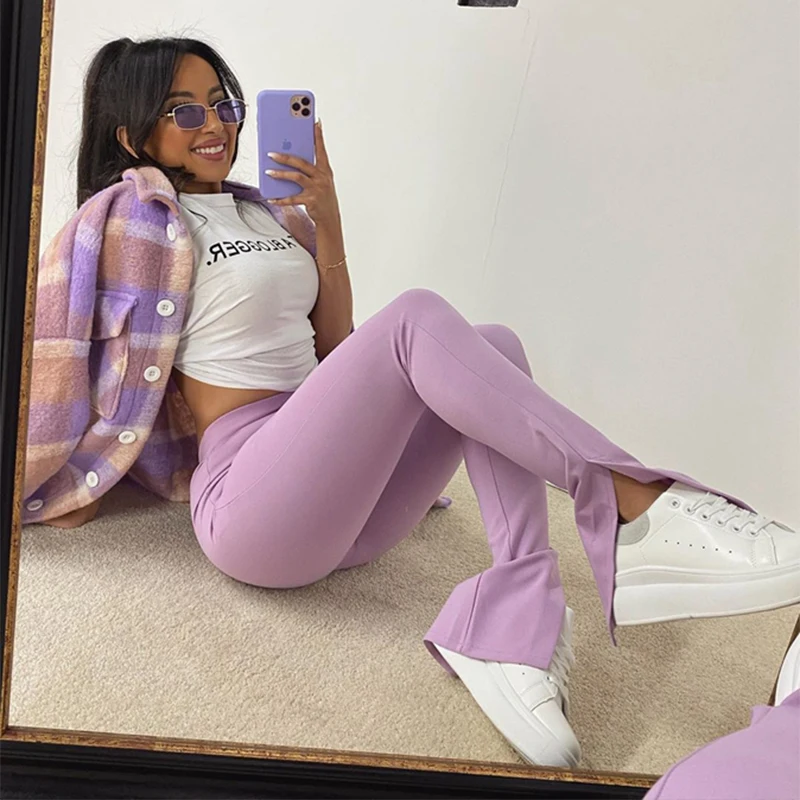 Slim High Waist Flare Pants Women Summer Clothes Solid Color Skinny Long Trousers Streetwear Joggers Women Black Side Slit Pants Slim High Waist Flare Pants Women Summer Clothes Solid Color Skinny Long Trousers Streetwear Joggers Women Black Side Slit Pants