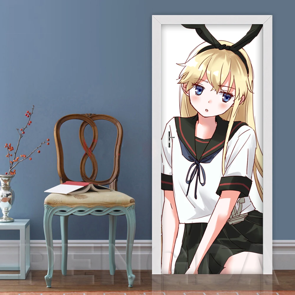 3D самоклеющиеся настенные художественные наклейки на дверь Новые Стикеры аниме девушка плакат украшение дома двери принты картина ремонт обои