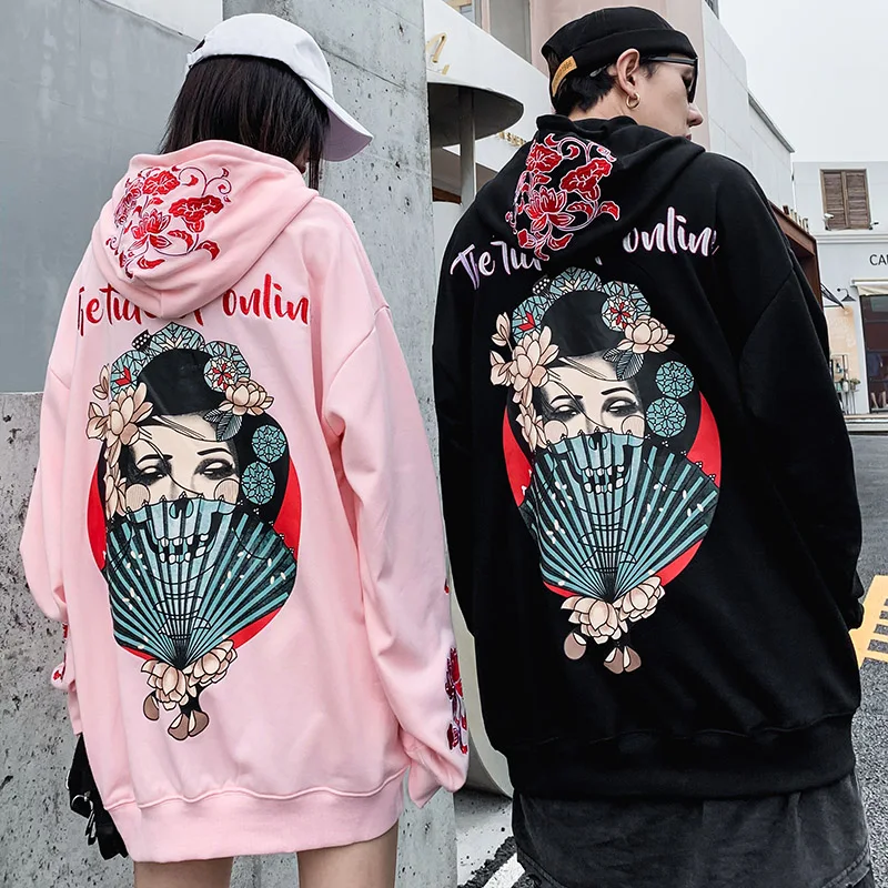 Мужская толстовка с капюшоном в стиле хип-хоп японская гейша Harajuku уличная вышитая Цветочная Толстовка пуловер Хлопок осенний японский стиль