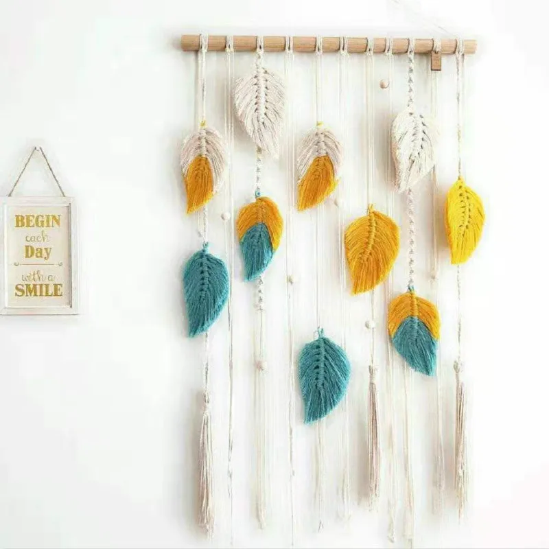 

Macrame Handmade Cotton Rope Weaving DIY Gradient Color Feather Wall Tapestry Boho Decor Nordic Headboard Decoration