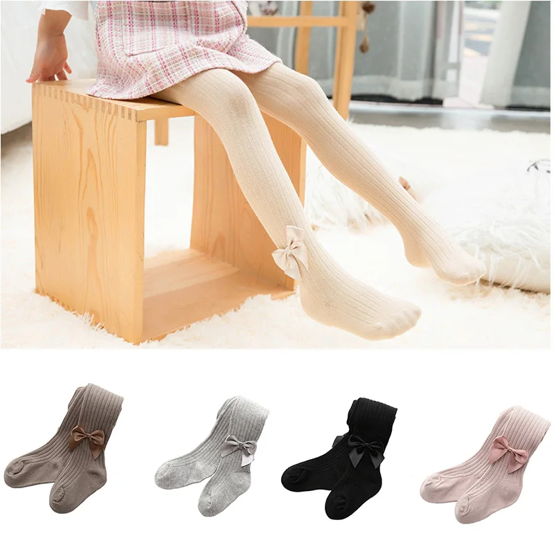 

Warm Baby Girls Ribbed Cotton Pantyhose Kids Solid Color Bow Tight For Toddler Autumn Winter Warmer Cute knee high baby tights