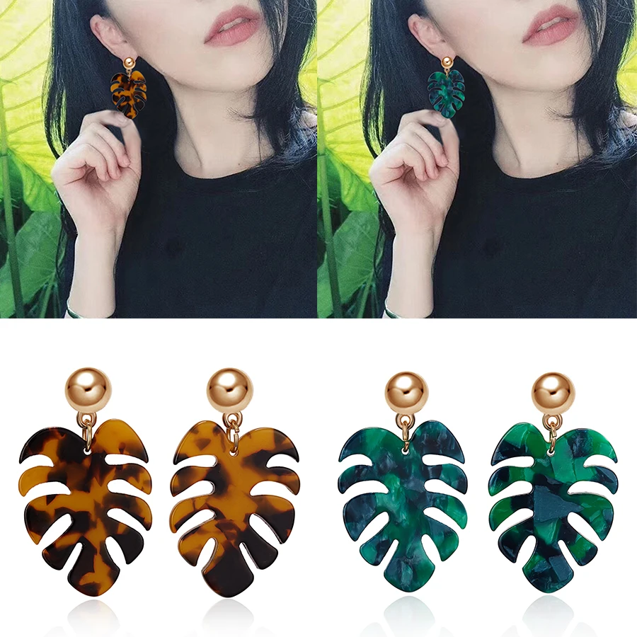 

Rinhoo Leopard Leaves Earrings For Women Fashion Exaggerated Green Acrylic Acetate Pendant Drop Earrings Bohemian Party Jewelry