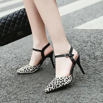 

Leopard Thin High Heel Women Sandals Fashion Pointed Toe Buckle High Heel Shoes Dress Women Shoes Black Red Apricot