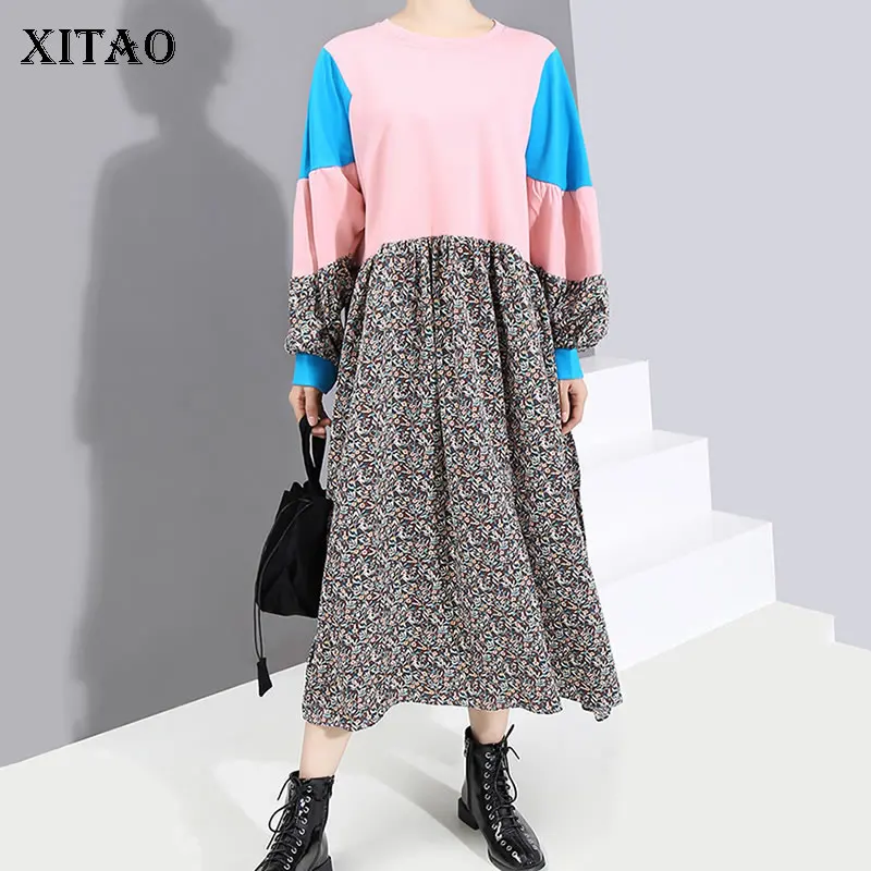 XITAO Vintage Fashion New 2019 Winter Full Sleeve Elegant Loose Patchwork Pullover Pleated Goddess Fan Casual Dress DMY1803 |