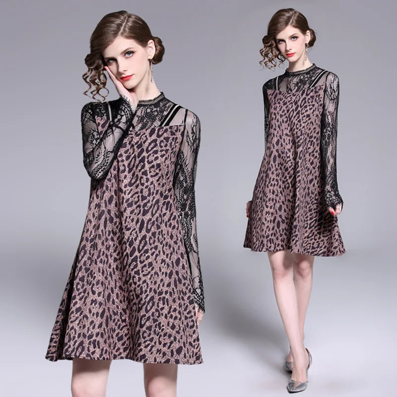 

2019 Spring And Summer New Products Europe And America WOMEN'S Dress Lace Leopord Pattern Joint A- line High-End Full Body Dress