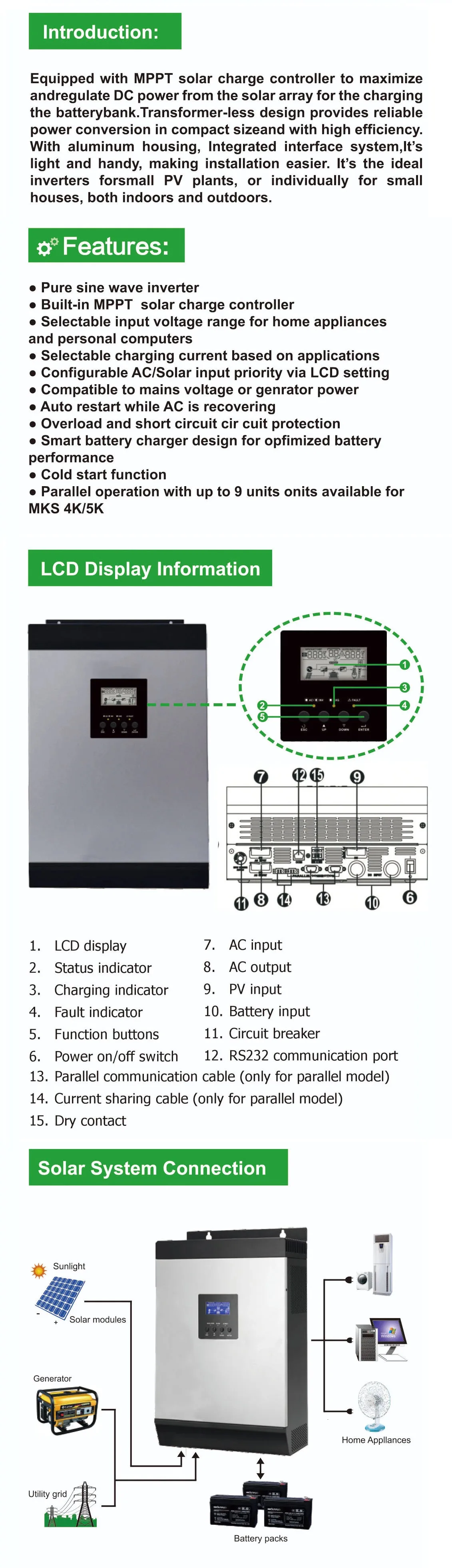 FSD-C3M hybrid solar inverter with mppt charge controller pure sine wave 3000W 24V 60A