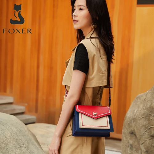 FOXER 브랜드 여성용 메신저 크로스바디 백, 여성용 화려한 패널 플랩 디자이너 숄더백, 패션 분할 가죽 가방 2