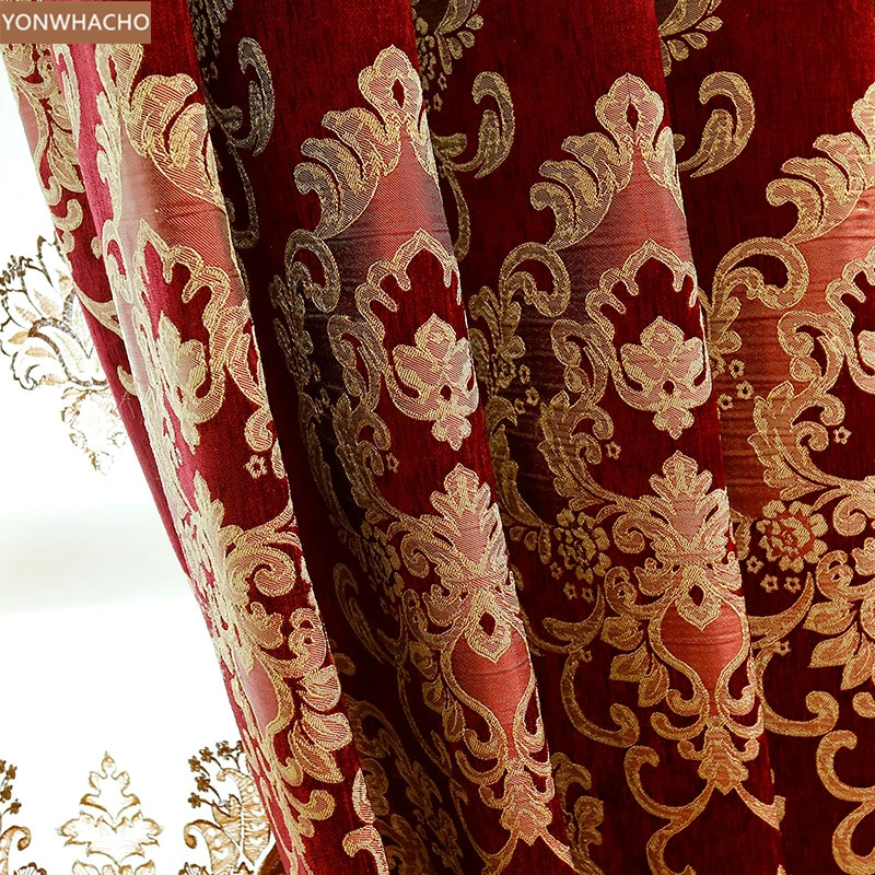 Custom curtain luxury living room noble European embroidered red thick chenille cloth blackout curtain tulle valance drapes B625