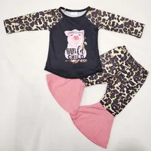 Эксклюзивная зимняя одежда для малышей; Одежда для девочек; реглан; топ с леопардовым принтом; брюки-колокольчики; одежда для маленьких девочек