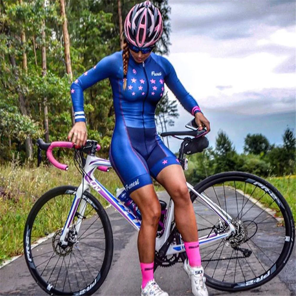 Frenesi Womens Long Sleeves Triathlon Suit Cycling Jersey sports running Skinsuit Jumpsuit Maillot Ropa ciclismo 2D gel