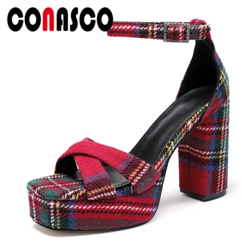 

CONASCO Gingham Summer Women Ankle-Wrap Sandals Fashion Super High Heels Cross-Tied Platforms Pumps Wedding Party Shoes Woman