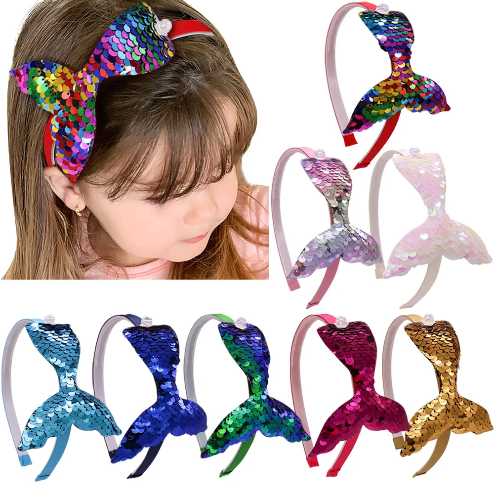 

8Pcs Reversible Mermaid Sequin Hairband for Girls Hair Accessories Rainbow Kids Headband with Teeth Hair Band Party Headwear