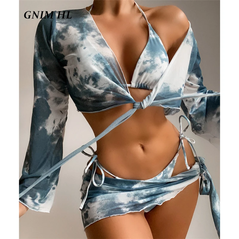 

GNIM Sexy Triangle Swimsuit Bikini Set 2021 Summer Tie-dye Print Swimwear Women Four Pieces Cover Up Beachwear Swim Bather Suit