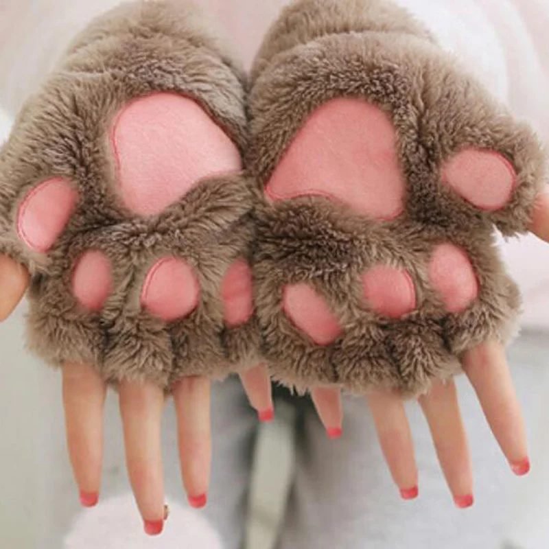 Kids Girls Fingerless Bear Cat Claw Paw Gloves Soft Plush Half Finger Mittens 