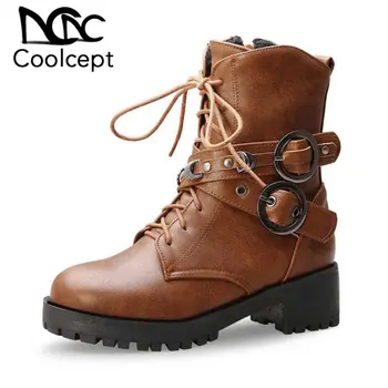 

Coolcept Women 2020 Motorcycle Boots Fashion Buckle Cross Strap Sexy Lady Platform Boots Winter Autumn Shoes Woman Size 33-43