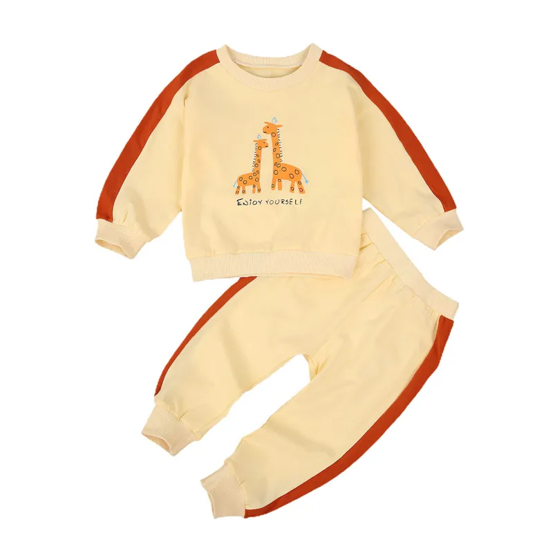

Newest Children\u2019s Autumn Long-sleeved Trousers Set Cute Giraffe Print Round Neck T-shirt and Elastic Waist Long Pants 2-7Y
