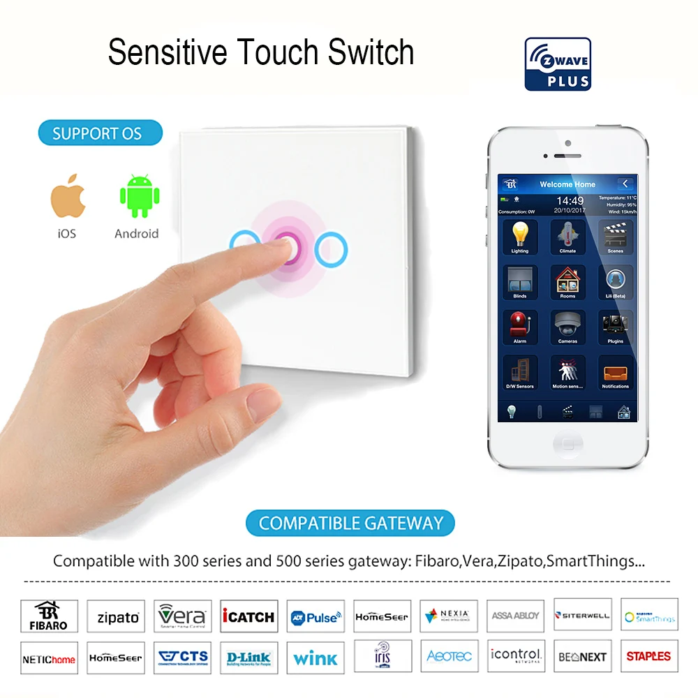 Z wave Light Switch 3 gang EU Home Automation Smart Remote Control Wall Light Switch Compatible Z wave plus Fibaro Smartthings