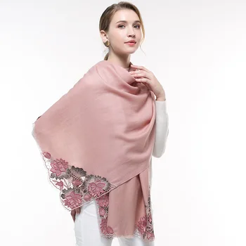 

Women 100% Wool Scarf Embroidery Lotus Pink Wedding Pashmina Wraps Bride Bridesmaid Gift Shawls Echarpe Winter Wool Scarves