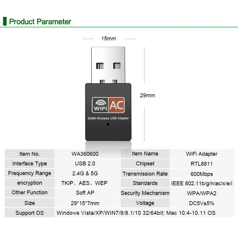 wireless adapter card Kebidu AC 600Mbps USB Wifi Adapter 5/2.4Ghz Dual Band with Antenna Dongle LAN 802.11ac/a/b/g/n for Windows XP Win 7 10 Mac Vista wifi card for pc