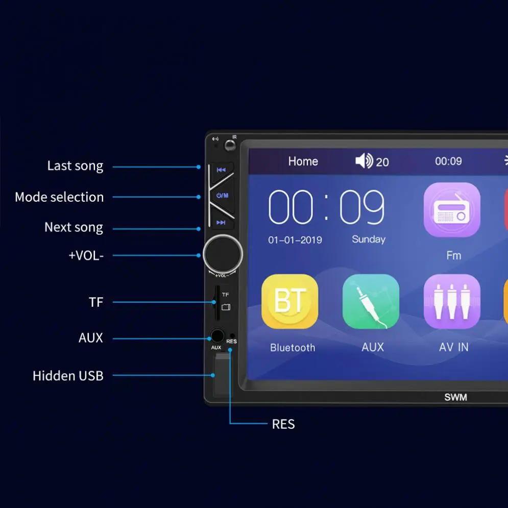 2 DIN 7 дюймов HD сенсорный экран Bluetooth Стерео FM радио MP5 Аудио плеер Поддержка USB/AUX In/Управление рулевым колесом