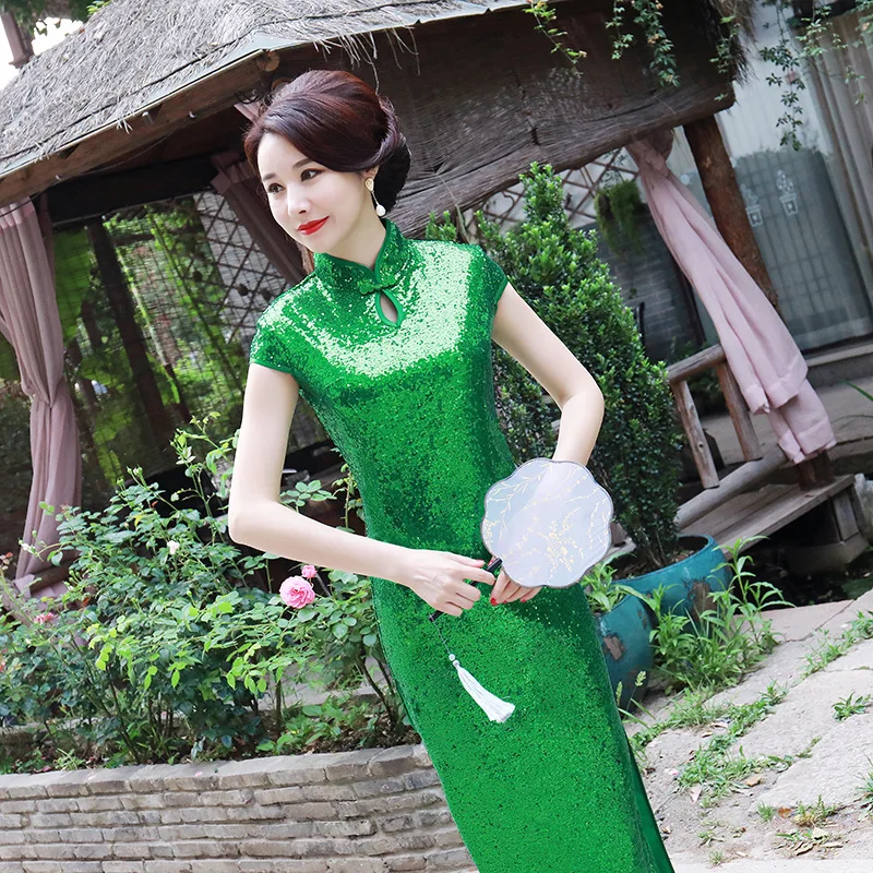 Китайский традиционный Чонсам лотоса блестки Cheongsam с коротким рукавом Cheongsam стройные Qipao показать Cheongsam Vestido плюс Размеры 5XL