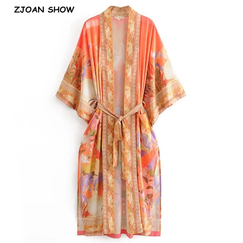 Bohemia Orange Mermaid Flower Crane Print Long Kimono Shirt Ethnic Lacing up Sashes Long Holiday Cardigan Loose Blouse Tops