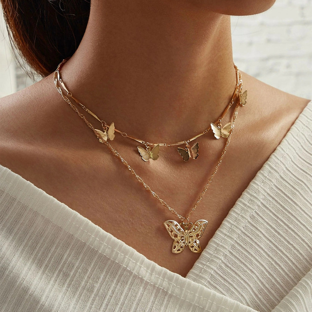 Lovely Butterfly Pendant Choker Necklace For Women Natural Stone Pearl Rhinestone Gold Silver Color Clavicle Chain Gift