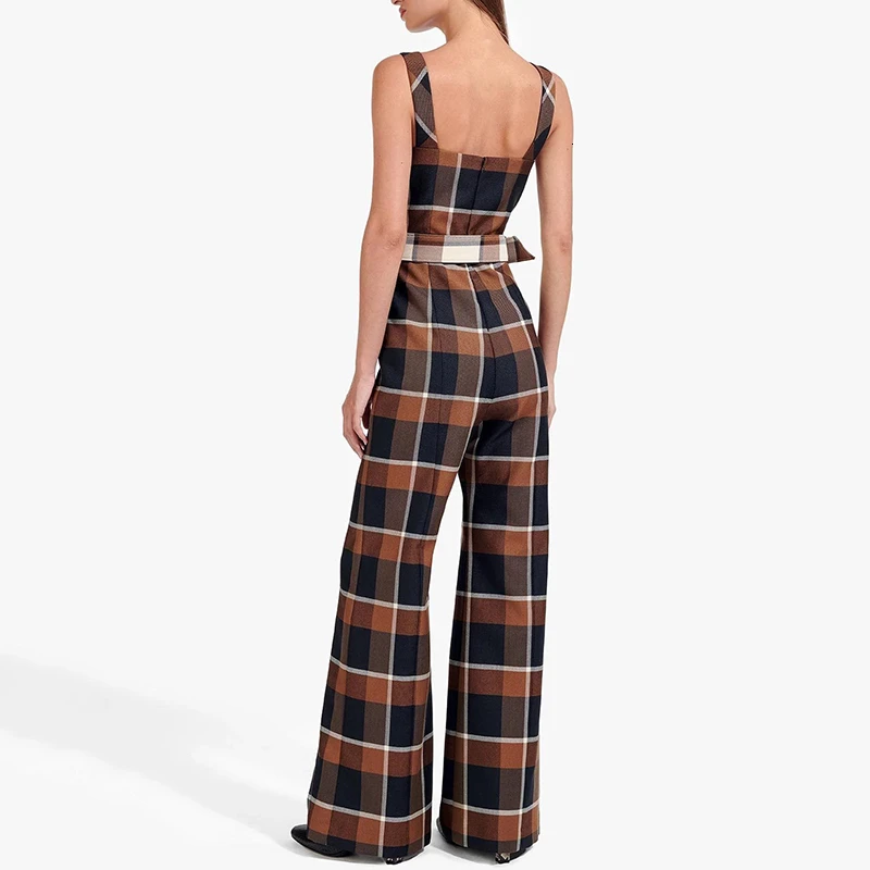 TWOTWINSTYLE Vintage Plaid Jumpsuits For Female Square Collar Spaghetti Strap High Waist With Sashes Flare Women's Jumpsuit Tide