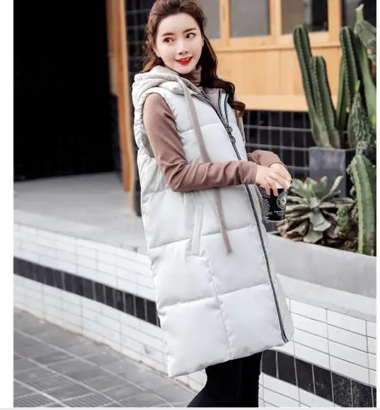 Beige White Новое поступление, осенне-зимний женский жилет, длинный толстый пуховик, хлопковое пальто, Женский Теплый жилет с капюшоном, без рукавов, пальто для девушек H176 - Цвет: Beige White