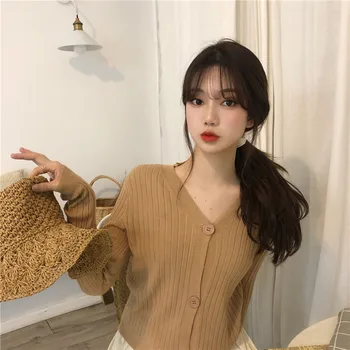 

2020 Autumn & Summer New Arrival Chic Temperament V-neck Sweater Versatile Short Loose Long-sleeved Sweater Free Shipping