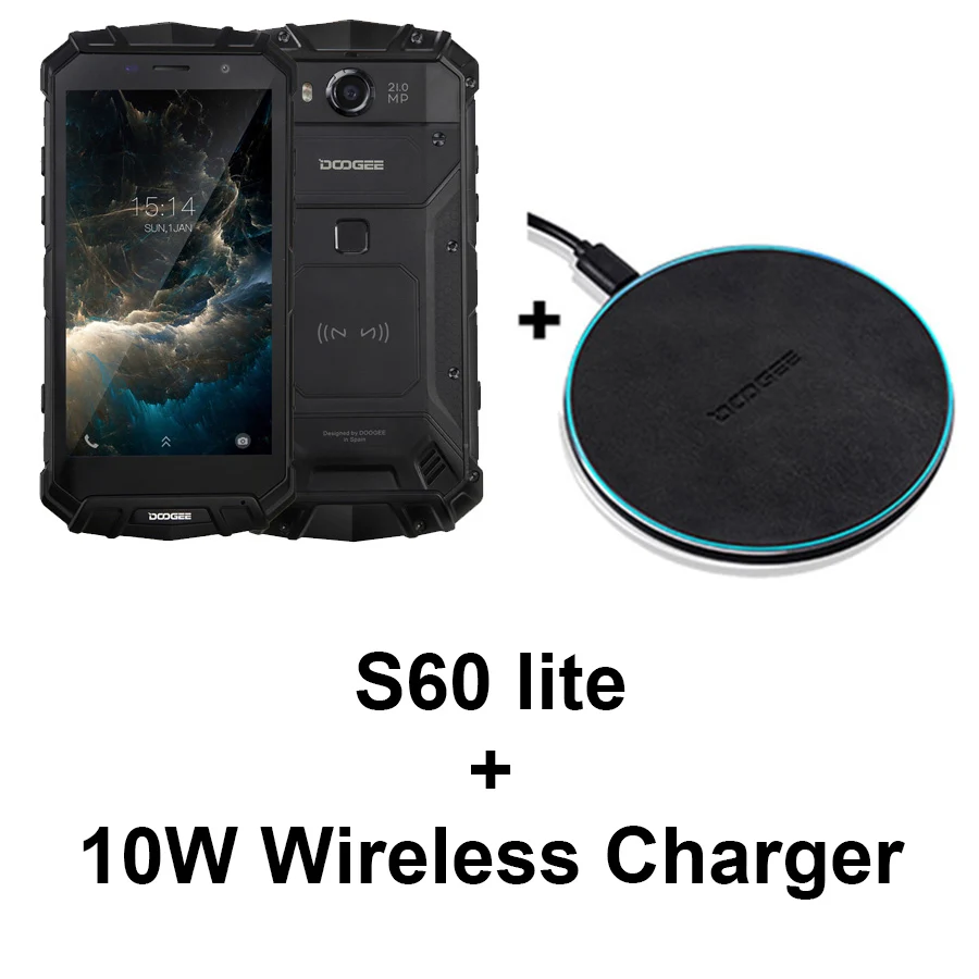 DOOGEE S60 Lite IP68 Water 5580mAh Wireless Charge 12V2A Quick Charge 5.2'' FHD MT6750T Octa Core 4GB 32GB Smartphone 16.0MP Cam - Color: Add wireless charger