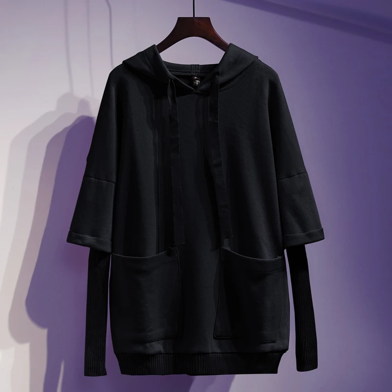 Black 4XL Свободные Лоскутные вязаные Ложные два предмета плюс размер толстовки осень уличная Повседневная Толстовка с капюшоном для женщин - Цвет: Black