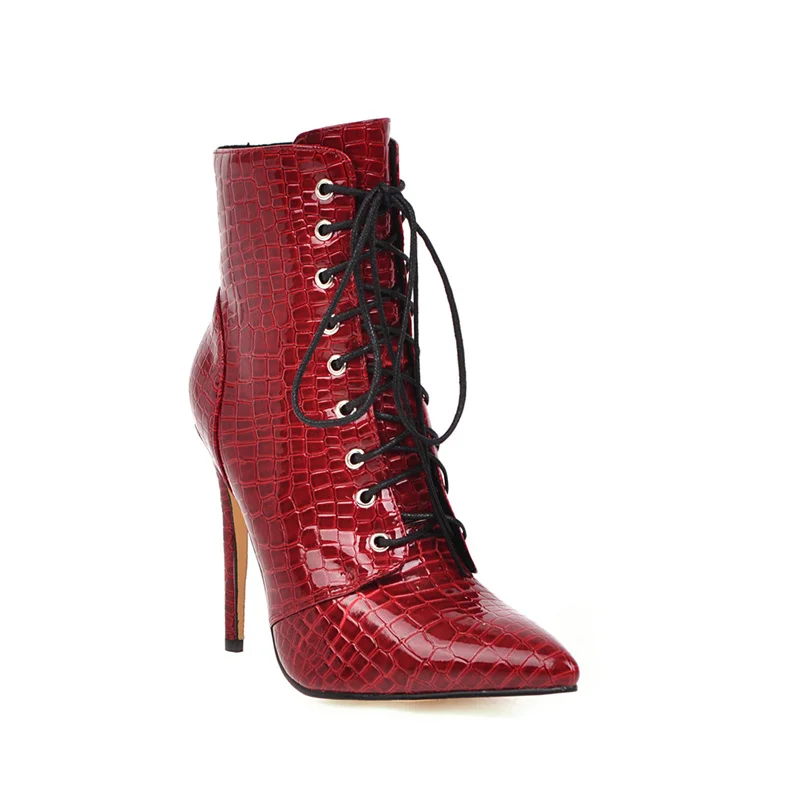 Большой размер 46 48, пикантные женские ботильоны, модные ботинки на высоком каблуке из змеиной кожи женская обувь с острым носком, на шнуровке, красного и белого цвета Женская Осенняя обувь